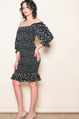 Black Floral Smocked Puff Sleeve Dress