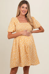 Yellow Floral Smocked Tie Back Maternity Dress