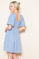 Light Blue Floral Smocked Tie Back Dress