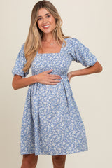 Light Blue Floral Smocked Tie Back Maternity Dress