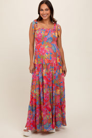 Magenta Floral Shoulder Tier Smocked Maternity Maxi Dress