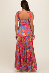 Magenta Floral Shoulder Tier Smocked Maternity Maxi Dress