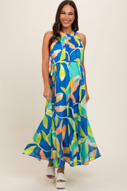 Royal Blue Leaf Print Halter Maternity Midi Dress