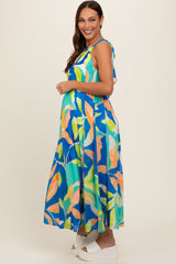 Royal Blue Leaf Print Halter Maternity Midi Dress