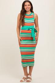 Mint Green Striped Tie Waist Sleeveless Maternity Midi Dress