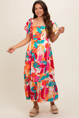 Fuchsia Leaf Print Maternity Maxi Dress