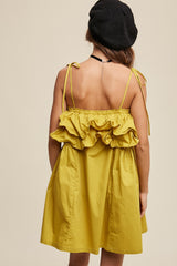 Lemon Grass Tiered Ruffle Tie Straps Poplin Dress