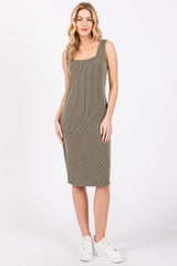 Olive Ribbed Fitted Sleeveless Dress