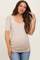 Beige Ribbed Ruched Square Neck Puff Sleeve Maternity Top