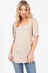 Beige Ribbed Ruched Square Neck Puff Sleeve Maternity Top