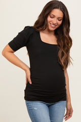 Black Ribbed Ruched Square Neck Puff Sleeve Maternity Top