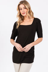 Black Ribbed Ruched Square Neck Puff Sleeve Top