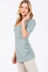 Mint Ribbed Ruched Square Neck Puff Sleeve Top