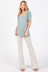 Mint Ribbed Ruched Square Neck Puff Sleeve Top