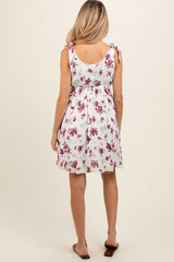 Ivory Mauve Floral Knotted Wrap V-Neck Maternity Dress