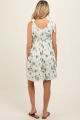 Ivory Green Floral Knotted Wrap V-Neck Maternity Dress