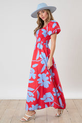 Red Floral Print Bias Smocked Bust Maxi Dress