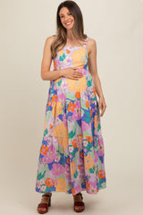 Royal Blue Multi-Color Floral Tiered Cutout Back Maternity Dress