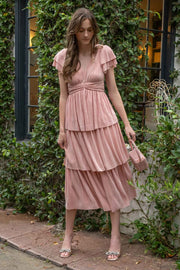 Pink Pleated Tiered Midi Dress