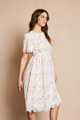 Ivory Floral Embroidered Eyelet Midi Dress