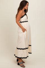 Beige Contrast Wavy Trim Maternity Maxi Dress