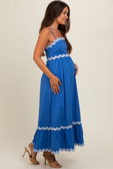 Royal Blue Contrast Wavy Trim Maternity Maxi Dress