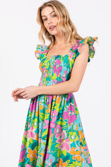 Green Floral Ruffle Shoulder Smocked Midi Dress