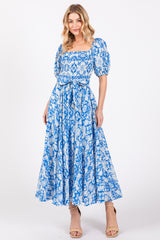 Blue Floral Smocked Short Puff Sleeve Midi Dress