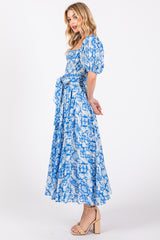 Blue Floral Smocked Short Puff Sleeve Midi Dress