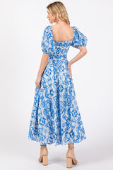 Blue Floral Smocked Short Puff Sleeve Midi Dress