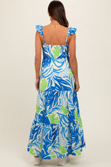 Blue Leaf Print Smocked Maternity Maxi Dress