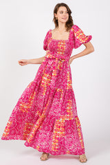 Fuchsia Floral Smocked Short Puff Sleeve Tiered Maxi Dress