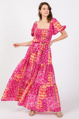 Fuchsia Floral Smocked Short Puff Sleeve Tiered Maternity Maxi Dress