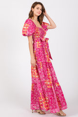 Fuchsia Floral Smocked Short Puff Sleeve Tiered Maxi Dress