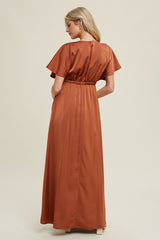 Rust Satin V-Neck Flutter Short Sleeve Maxi Dress