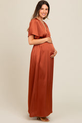 Rust Satin V-Neck Flutter Short Sleeve Maternity Maxi Dress