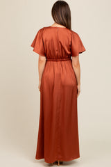 Rust Satin V-Neck Flutter Short Sleeve Maternity Maxi Dress