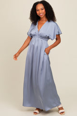 Grey Satin V-Neck Flutter Short Sleeve Maternity Maxi Dress