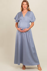 Grey Satin V-Neck Flutter Short Sleeve Maternity Maxi Dress