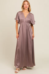 Taupe Satin V-Neck Flutter Short Sleeve Maternity Maxi Dress