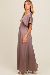 Mauve Satin V-Neck Flutter Short Sleeve Maxi Dress