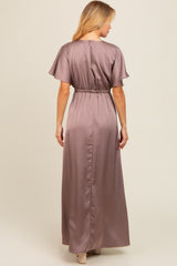 Mauve Satin V-Neck Flutter Short Sleeve Maxi Dress