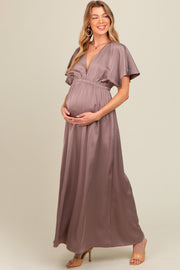 Taupe Satin V-Neck Flutter Short Sleeve Maternity Maxi Dress