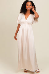 Cream Satin V-Neck Flutter Short Sleeve Maternity Maxi Dress