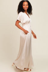 Cream Satin V-Neck Flutter Short Sleeve Maxi Dress