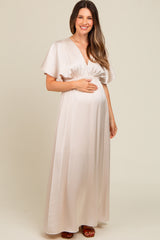 Cream Satin V-Neck Flutter Short Sleeve Maternity Maxi Dress