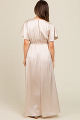 Cream Satin V-Neck Flutter Short Sleeve Maternity Maxi Dress