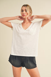 White V-Neck Short Sleeve Top