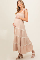 Taupe Smocked Maternity Maxi Dress