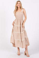 Taupe Smocked Maternity Maxi Dress